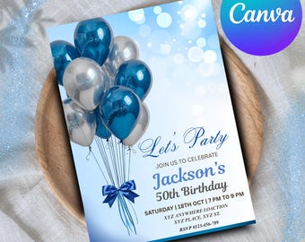 Editable Blue & Silver Birthday Invitation for Men, Printable  Blue Birthday Party Invitation, Classy Balloons Text Invite Template