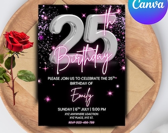 Digital 25th Birthday Invitation, Animated 25th Birthday Party Invite, Pink Silver Chrome Neon Font, Editable Template