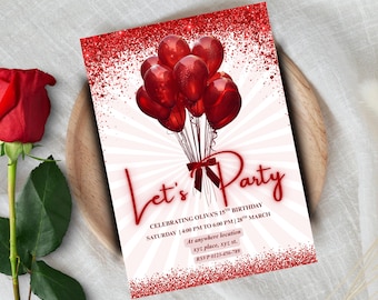 Editable Red & White  Birthday Invitation for Women, Printable Red Birthday Party Invitation, Classy Balloons Text Invite Template