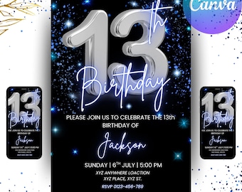 Digital 13th Birthday Invitation, Animated 13th Birthday Party Invite, Blue Silver Chrome Neon Font, Editable Template