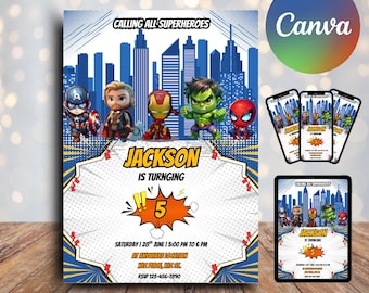 Cute Editable Superheroes Birthday Invitation, Superhero Birthday Invite, Printable Comic Superhero Invitation , Superhero Birthday Party