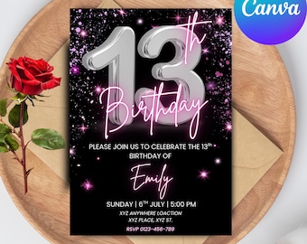 Digital 13th Birthday Invitation, Animated 13th Birthday Party Invite, Pink Silver Chrome Neon Font, Editable Template