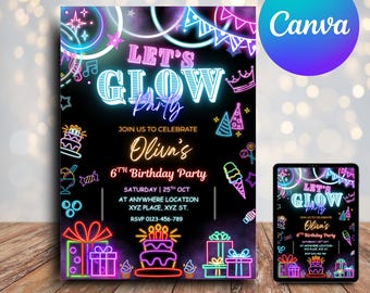 Let's Glow Birthday Invitation, Glow Party Birthday Invitation,Neon Lights Glow Kids Template, Glow Crazy Invite, Canva Editable Template.