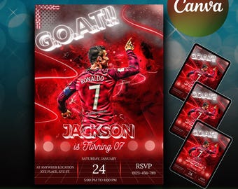Ronaldo Birthday Invitation, CR7 invitation, Editable Ronaldo Invitation, Canva Template, Soccer Birthday Invite, neon birthday Invitation