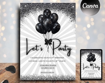 Editable Black & White  Birthday Invitation, Printable Black Birthday Party Invitation, Classy Balloons Text Invite Template