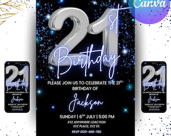 Digital 21st Birthday Invitation, Animated 21st Birthday Party Invite, Blue Silver Chrome Neon Font, Editable Template