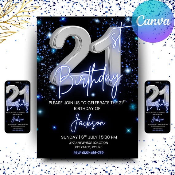 Digital 21st Birthday Invitation, Animated 21st Birthday Party Invite, Blue Silver Chrome Neon Font, Editable Template
