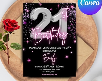 Digital 21st Birthday Invitation, Animated 21st Birthday Party Invite, Pink Silver Chrome Neon Font, Editable Template