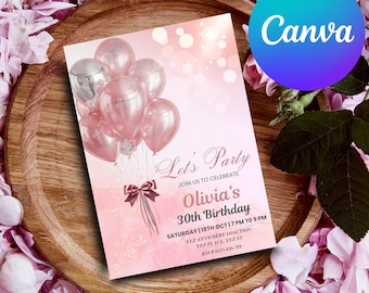 Editable Pink & Silver Birthday Invitation for Girls, Printable Pink Birthday Party Invitation, Classy Balloons Text Invite Template