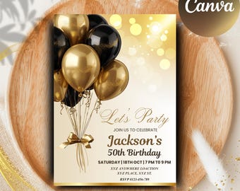 Editable Golden & Black Birthday Invitation, Printable  Blue Birthday Party Invitation, Classy Balloons Text Invite Template, Canva Editable