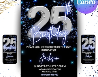 Digital 25th Birthday Invitation, Animated 25th Birthday Party Invite, Blue Silver Chrome Neon Font, Editable Template