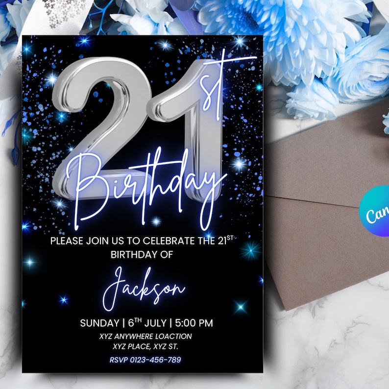 May include: A black and blue 21st birthday invitation with silver accents. The invitation features the number "21" and the word "Birthday" in a stylish font. The text reads "Please join us to celebrate the 21st birthday of Jackson."