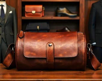 Borsa a tracolla in pelle conciata al vegetale – Borsa a tracolla cilindrica unisex