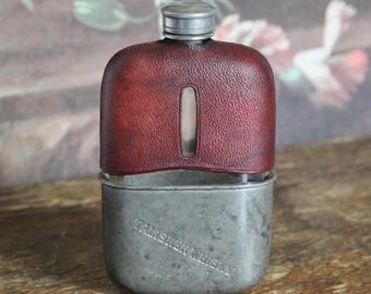 Antique TALISKER Scotch Whisky pewter, glass and leather hip flask 1920s