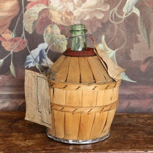 Vintage French wood wrapped 4 litre PERRIN & FILS ROGNONAS demijohn with original labels