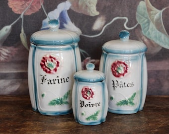Set of 3 antique French ceramic kitchen canisters / vintage flour, pepper, pasta decorative storage jars