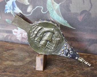 Vintage brass leather and wood sailing ship embossed fireside bellows