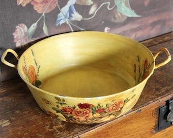 Vintage French floral hand painted enamel jam pan / large yellow basin