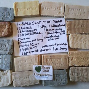 May include: Sixteen bars of goat milk soap in various colors and scents, including lavender, cinnamon, and spearmint. Each bar is stamped with its scent name. A handwritten note lists the soap varieties.