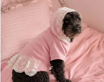Handmade Pink Hoodie Dress, Lace Pet Clothes, Puppy Sweatshirt, Dog Lover Gift