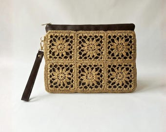 Handmade 13 Inch Laptop Sleeve, Raffia Crochet Detail Notebook Pouch, Faux Leather Tech Case