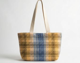 Crochet Shoulder Bag, Mini Tote, Yellow Blue Tartan Plaid Top Handle