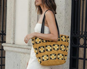 Handmade Crochet Tote, Raffia Granny Square Shoulder Bag, Faux Leather Straps