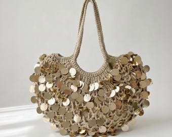 Handmade Crochet Shoulder Bag, Gold Disc Details, Elegant Evening Handbag