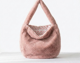 Pink Faux Fur Shoulder Bag, Plush Hobo Handbag, Y2K Flamingo Zipper Pocket