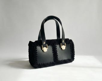 Handmade Crochet Faux Leather Shoulder Bag | Structured Top Handle Bag