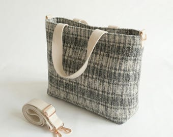 Crochet Shoulder Bag, Mini Tote, Gray Tartan Plaid Top Handle