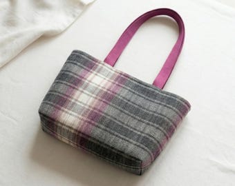 Crochet Shoulder Bag, Mini Tote, Purple Grey Tartan Plaid Top Handle