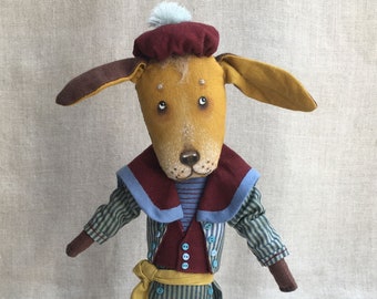 Dog Character Art Doll Cabin boy. Soft Sculpture Dog. Art Doll Animal. Hand painted Dog Doll. House Guard Dog Doll. Maritime Art Doll.