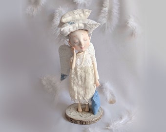 Art Doll The Angel with blue pillow. OOAK house guard doll. Hand crafted Sculpture. Angel Art Doll. Boudoir Doll. Art doll for cosy bedroom.