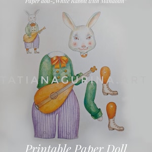 Druckbare Papierpuppe. Digitale Hasenpuppe aus Papier. Weißer Hasenjunge mit Mandoline. Digitale DIY-Papierpuppe. Druckbares Hasenornament aus Papier.