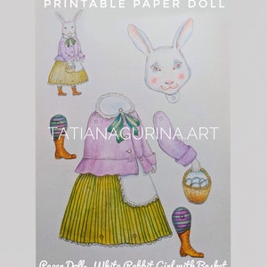 Hasen Puppe zum Ausdrucken. Digitaler Papierhase. Hasenmädchen mit Korb. Digitale DIY Papierpuppe. Hase aus Papier zum selbst Ausdrucken.
