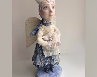 Unique art doll “Angel”. OOAK fantasy art doll. Interior doll. Handmade sculpture. White and blue art doll.