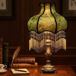 May include: A table lamp with a scalloped green fabric shade featuring a crane pattern, black trim, and long gold fringe. The lamp has a metallic, ornate base with a pedestal design. The light emits a warm glow from beneath the decorative shade.