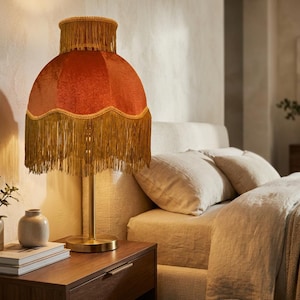 Puede incluir: Una lámpara de mesa con una pantalla de terciopelo color óxido con borde festoneado, adornada con largos flecos dorados. La lámpara tiene un tallo de metal dorado delgado y una base circular, emitiendo una luz cálida en el entorno.