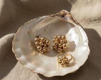 Pendientes de botón con forma de burbuja, conjunto de pendientes y anillo, pendientes de botón tipo racimo, conjuntos de joyería gruesa, conjunto de joyería geométrica, pendientes contemporáneos de oro