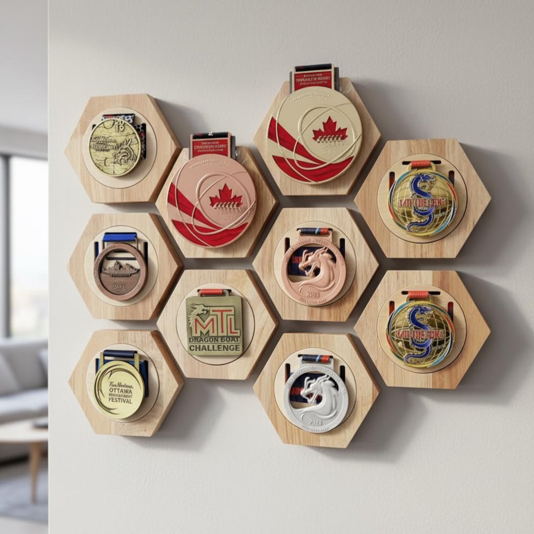 Hexagon Medal Ribbon Display, Modular Medal Holder, Wood Hexagon Medal ...