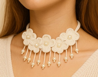 Handmade Crochet Necklace – Boho Floral Statement Jewellery with Bead Fringe