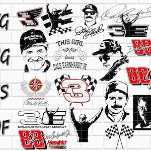 May include: A collection of digital graphic designs featuring Dale Earnhardt and Dale Earnhardt Jr. imagery, including the number 3, the number 88, checkered flags, signatures, portraits, and the text SVG, PNG, EPS, PDF, and Dale Earnhardt Legacy.