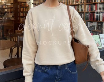 Gildan 18000 Sand Mockup: Bookstore Vintage Style Model Mocks, Crewneck Sweatshirt (Digital Download)