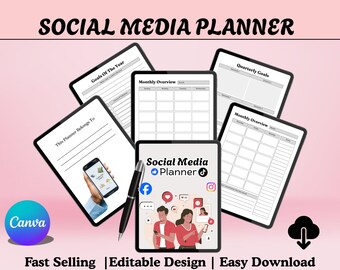 May include: A digital social media planner with a pink background. The planner includes templates for goals, monthly and quarterly overviews. The image also includes the text "Social Media Planner", "Fast Selling", "Editable Design", and "Easy Download".