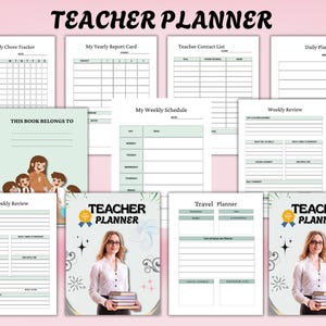May include: A set of printable teacher planners with templates for daily, weekly, and yearly planning. The cover shows a woman holding books. The text "Teacher Planner" is displayed. Includes a travel planner.