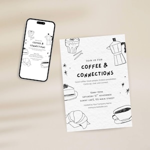 Networking Event Invitation Template: Coffee & Connections, Minimalist Doodle (Canva, Digital Download)