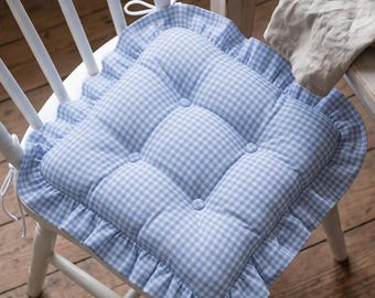 Almofada para cadeira com babados em xadrez vichy azul, almofada capitonê para assento de sala de jantar, decoração para cadeira de cozinha estilo casa de campo