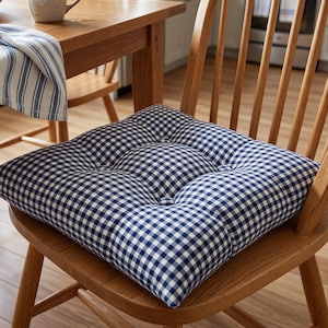 Navy Blue Gingham Linen Chair Cushion, Tufted Dining Seat Pad, Farmhouse Kitchen Decor