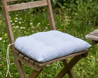 Blue Gingham Chair Cushion, Tufted Seat Cushion with Ties, Waterproof Chair Pad, Outdoor Cushion, Gingham Dining Chair Cushion